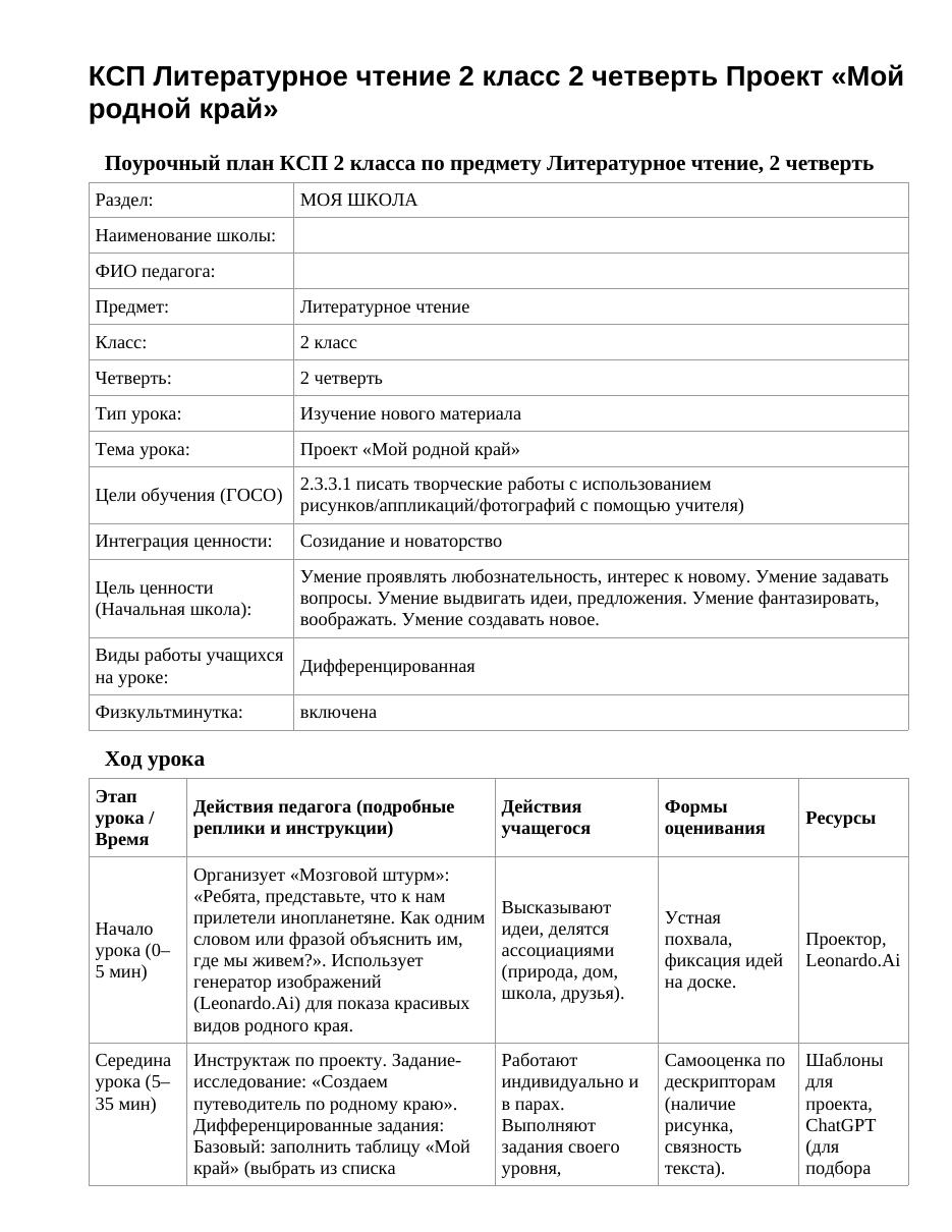 КСП Литературное чтение 2 класс 2 четверть Проект «Мой родной край»