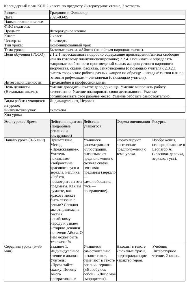 КСП Литературное чтение 2 класс 3 четверть Бытовые сказки Айога нанайская