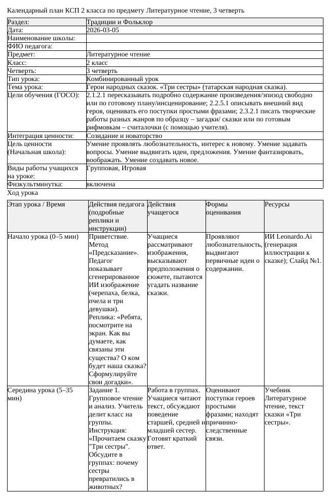 КСП Литературное чтение 2 класс 3 четверть Герои народных сказок