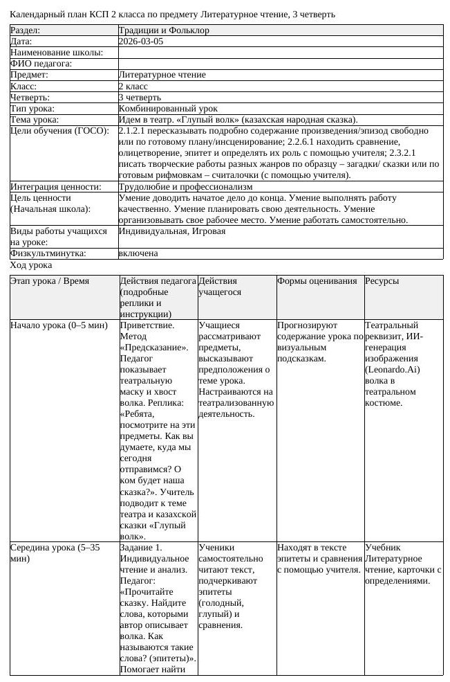 КСП Литературное чтение 2 класс 3 четверть Идем в театр Глупый волк