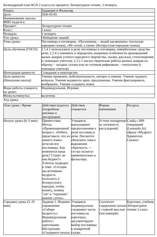 КСП Литературное чтение 2 класс 3 четверть Пословицы и поговорки
