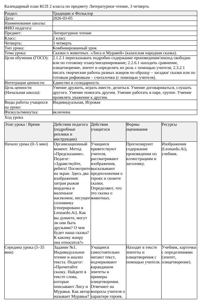 КСП Литературное чтение 2 класс 3 четверть Сказки о животных Лиса