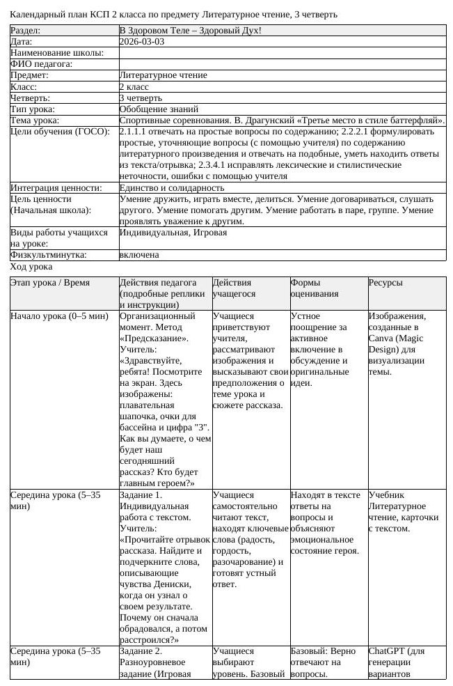 КСП Литературное чтение 2 класс 3 четверть Спортивные соревнования (урок 1)