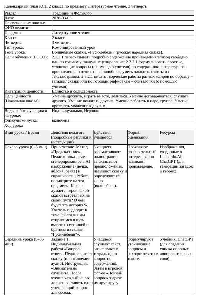 КСП Литературное чтение 2 класс 3 четверть Волшебные сказки Гуси