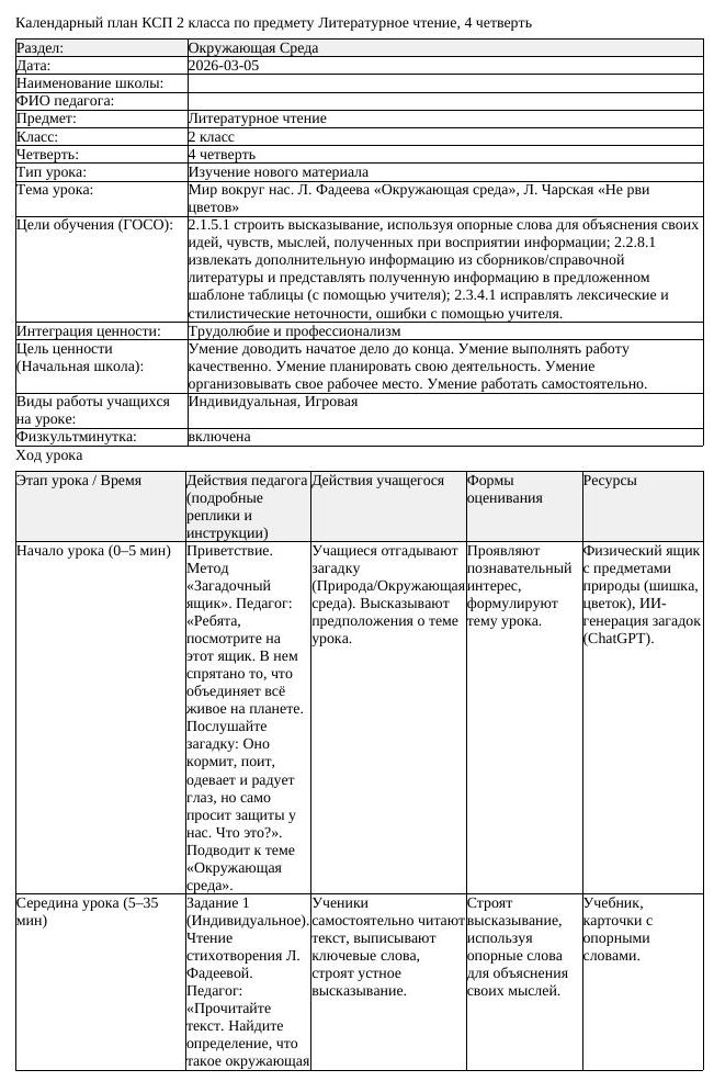 КСП Литературное чтение 2 класс 4 четверть Мир вокруг нас Л Фадеева