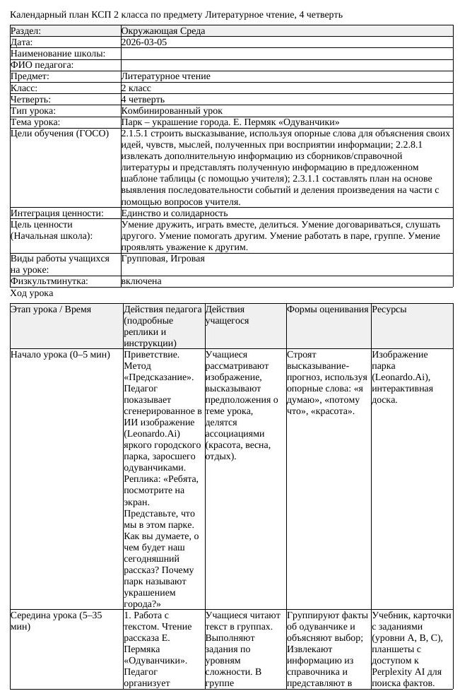 КСП Литературное чтение 2 класс 4 четверть Парк украшение города