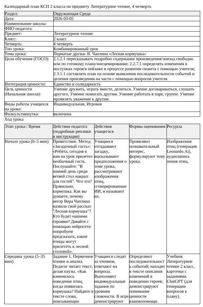 КСП Литературное чтение 2 класс 4 четверть Пернатые друзья В Чаплина