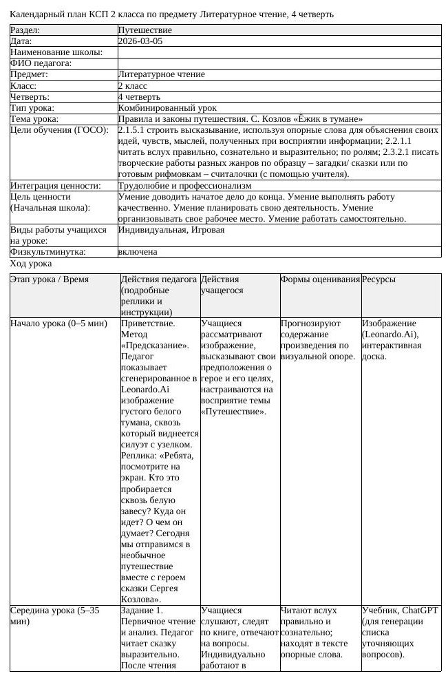 КСП Литературное чтение 2 класс 4 четверть Правила и законы путешествия