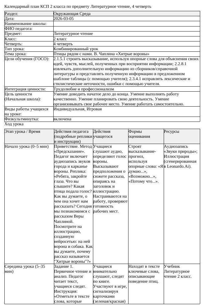 КСП Литературное чтение 2 класс 4 четверть Птицы рядом с нами В Чаплина