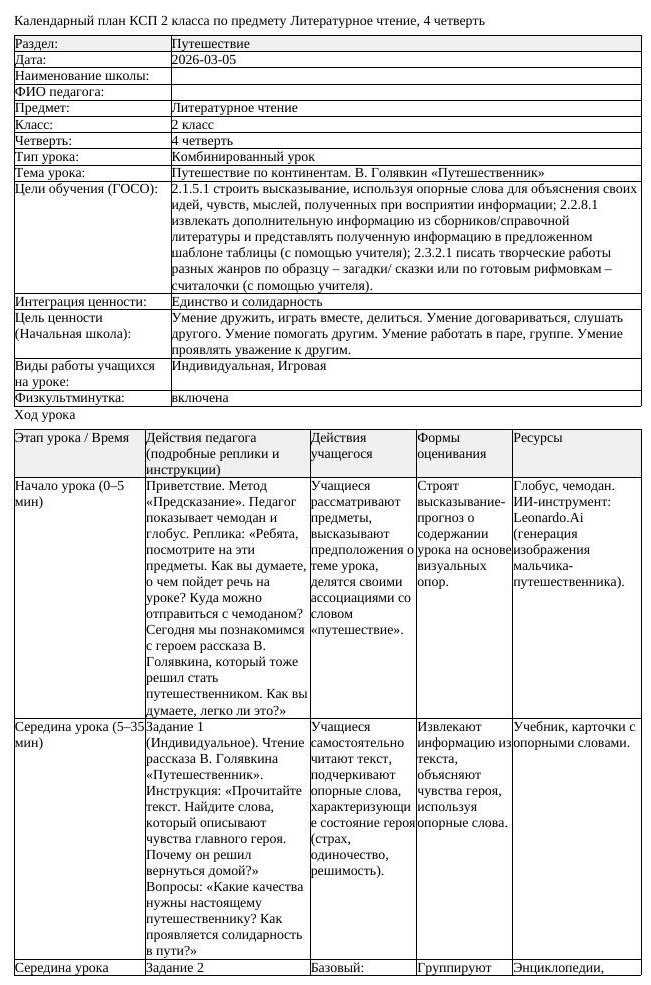 КСП Литературное чтение 2 класс 4 четверть Путешествие по континентам