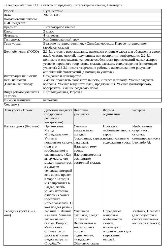 КСП Литературное чтение 2 класс 4 четверть Великие путешественники