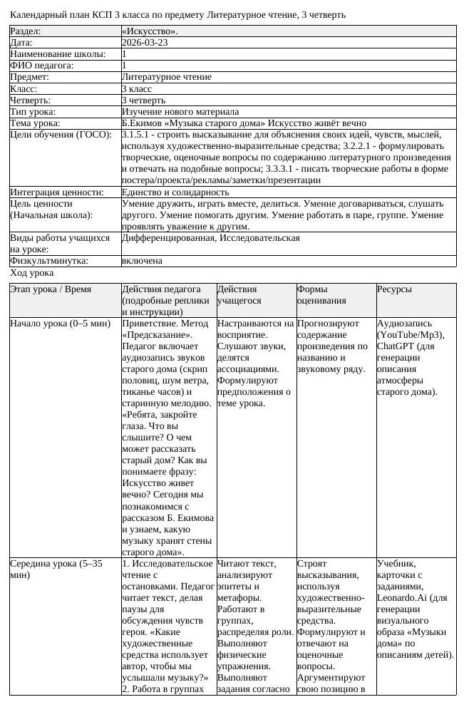 КСП Литературное чтение 3 класс 3 четверть Б Екимов Музыка старого (урок 2)