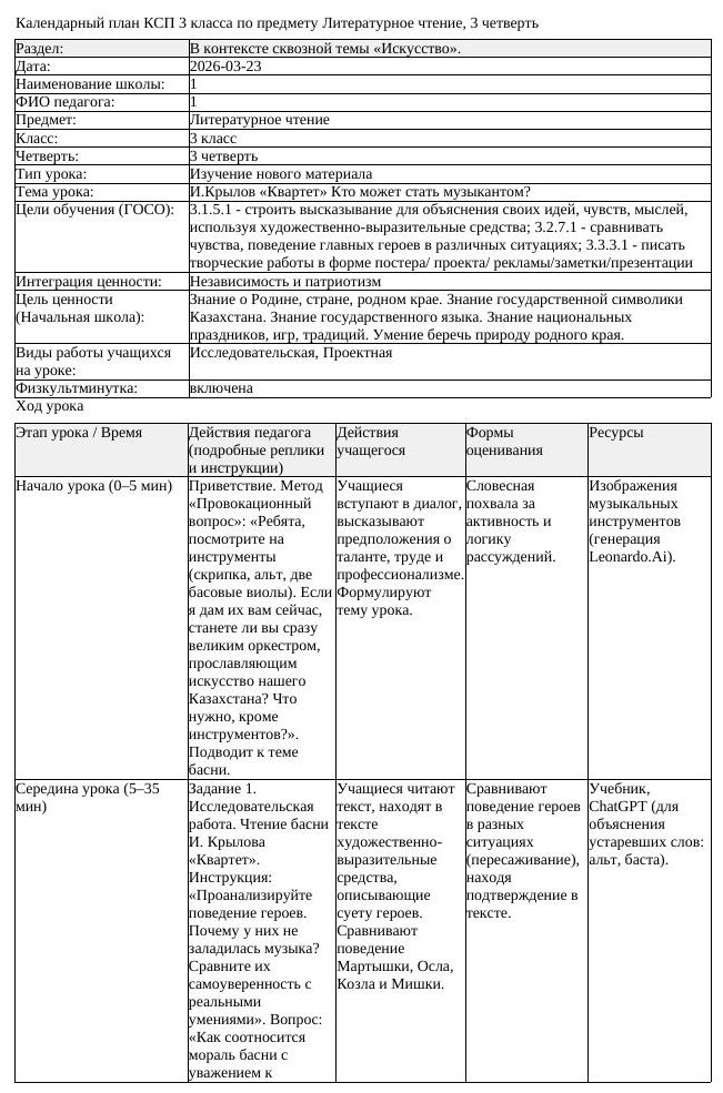 КСП Литературное чтение 3 класс 3 четверть И Крылов Квартет Кто может