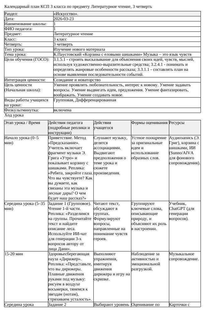 КСП Литературное чтение 3 класс 3 четверть К Паустовский Корзина (урок 2)