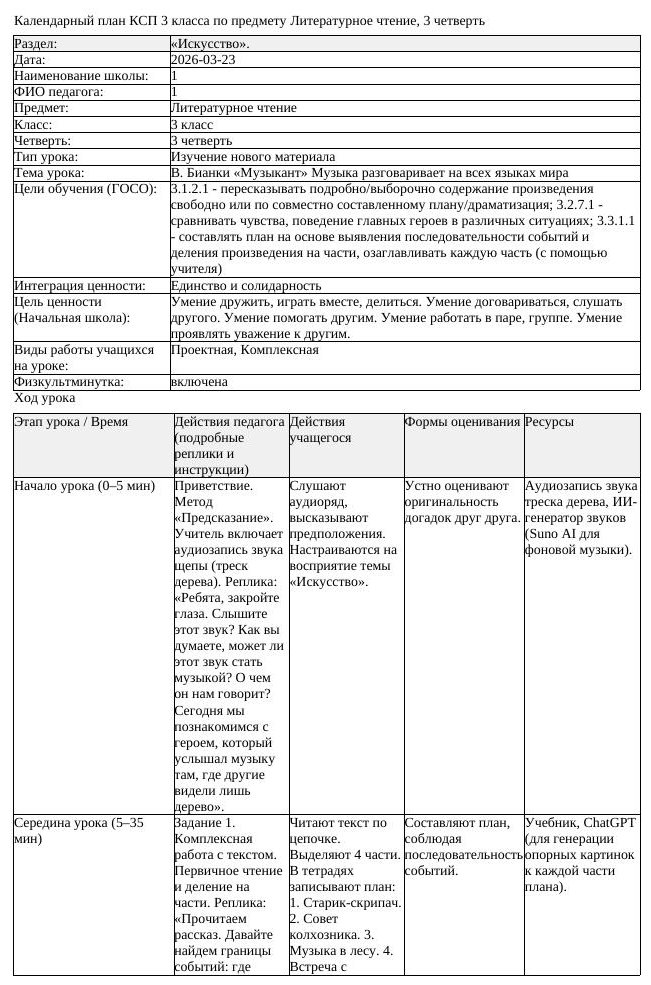 КСП Литературное чтение 3 класс 3 четверть В Бианки Музыкант Музыка