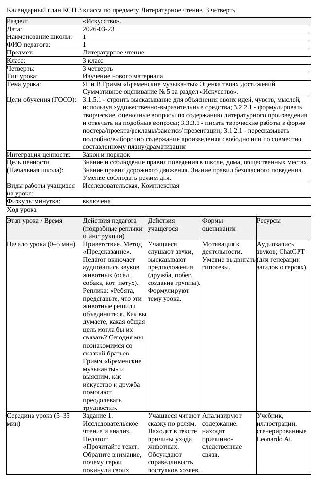 КСП Литературное чтение 3 класс 3 четверть Я и В Гримм Бременские