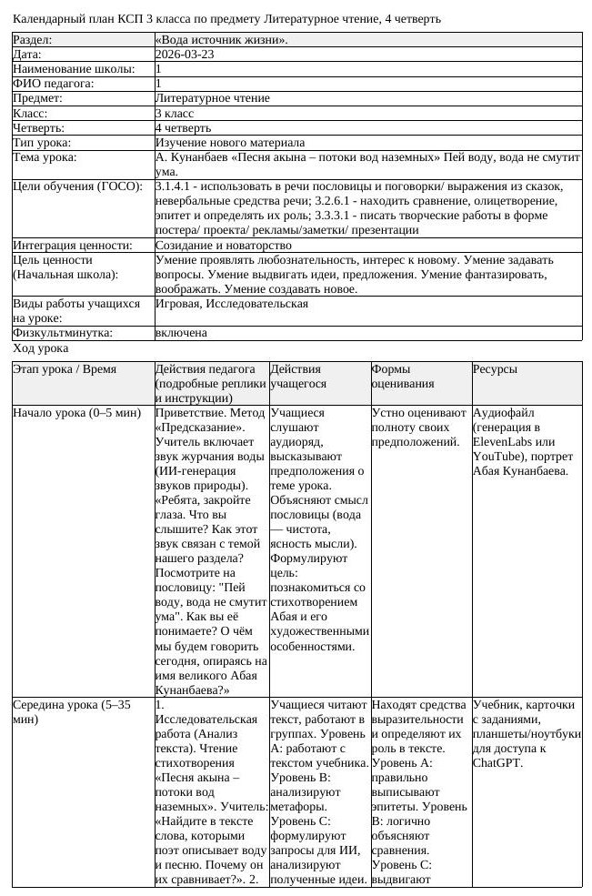 КСП Литературное чтение 3 класс 4 четверть А Кунанбаев Песня акына