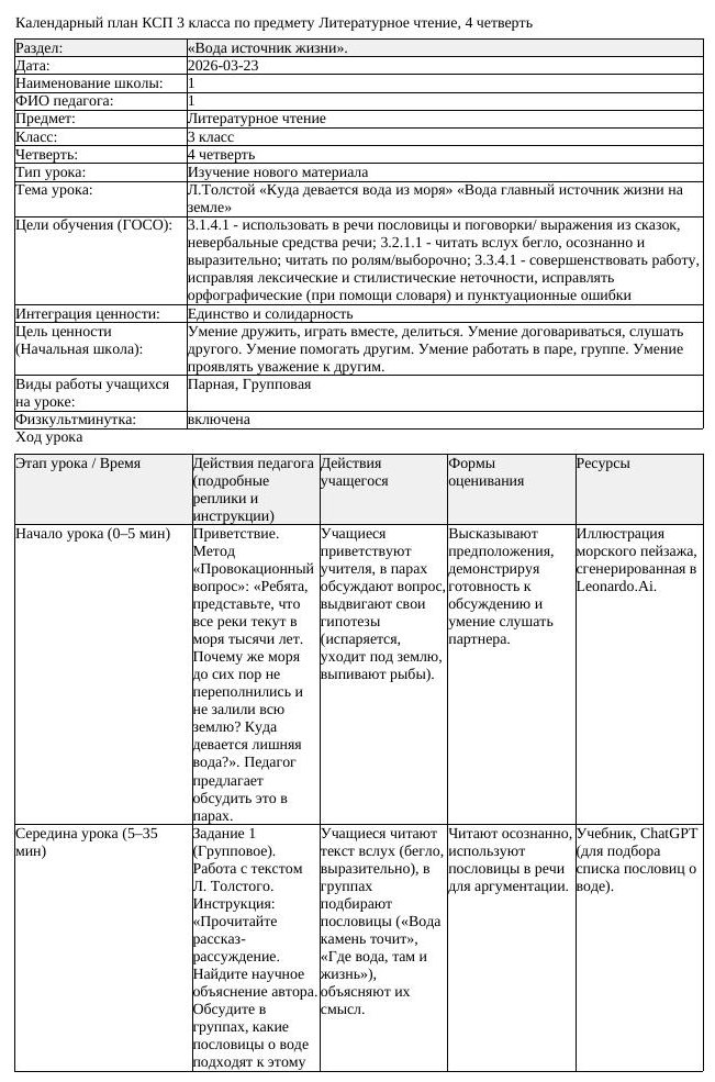 КСП Литературное чтение 3 класс 4 четверть Л Толстой Куда девается