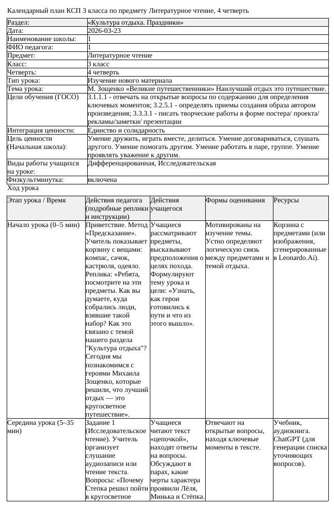 КСП Литературное чтение 3 класс 4 четверть М Зощенко Великие путешественники
