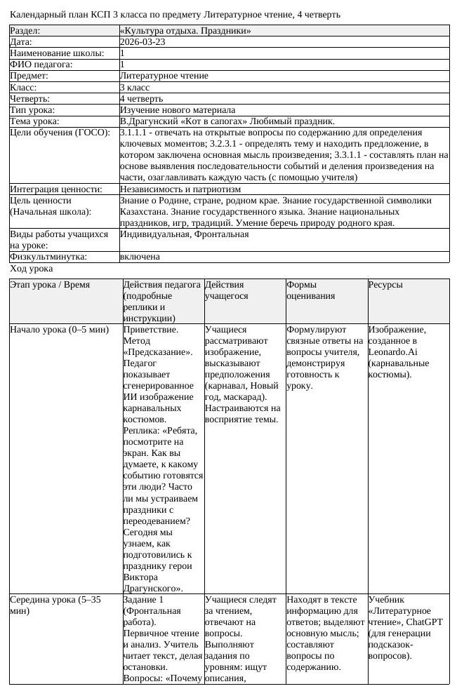 КСП Литературное чтение 3 класс 4 четверть В Драгунский Кот в сапогах