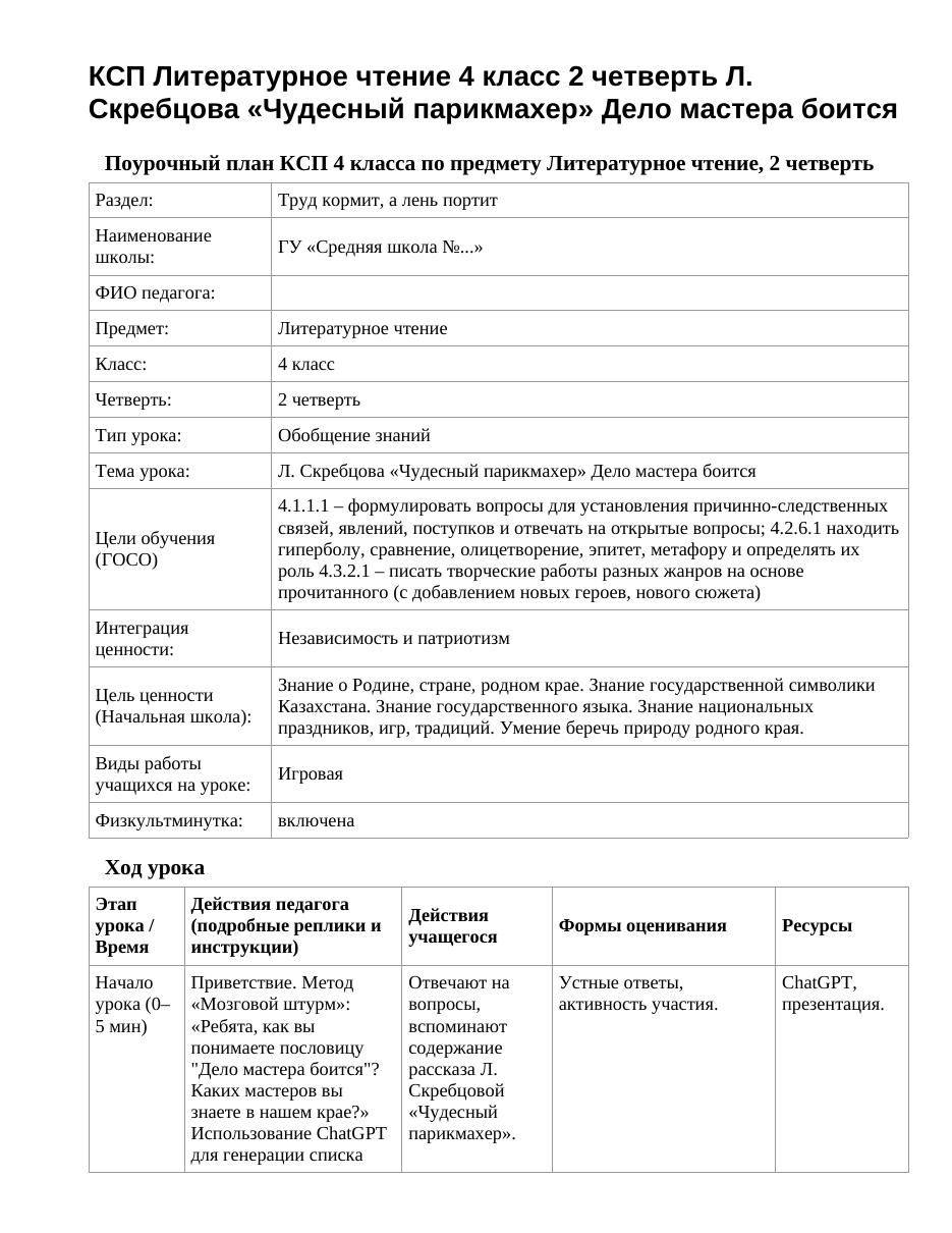 КСП Литературное чтение 4 класс 2 четверть Л. Скребцова «Чудесный парикмахер» Дело мастера боится