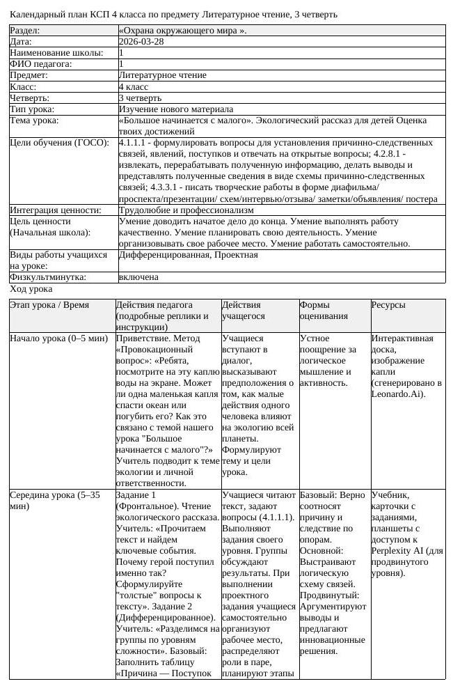 КСП Литературное чтение 4 класс 3 четверть Большое начинается с малого