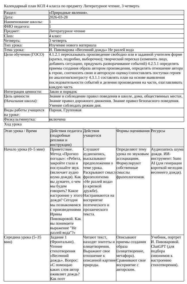 КСП Литературное чтение 4 класс 3 четверть И Пивоварова Весенний (урок 2)