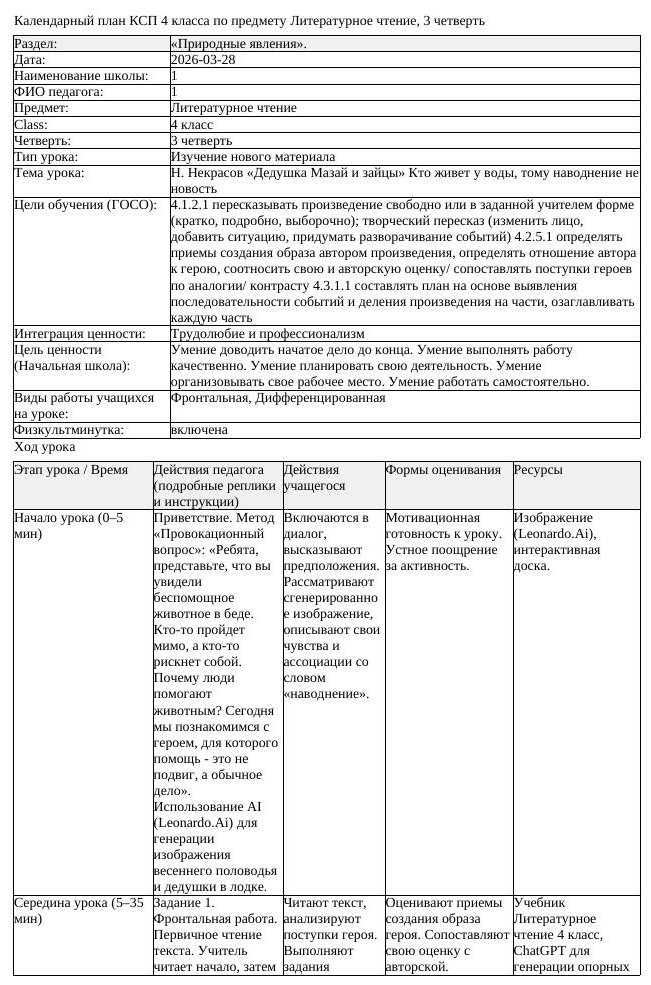 КСП Литературное чтение 4 класс 3 четверть Н Некрасов Дедушка Мазай (урок 2)