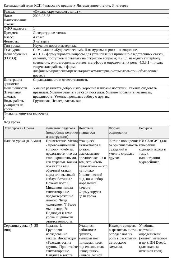 КСП Литературное чтение 4 класс 3 четверть С Михалков Будь человеком