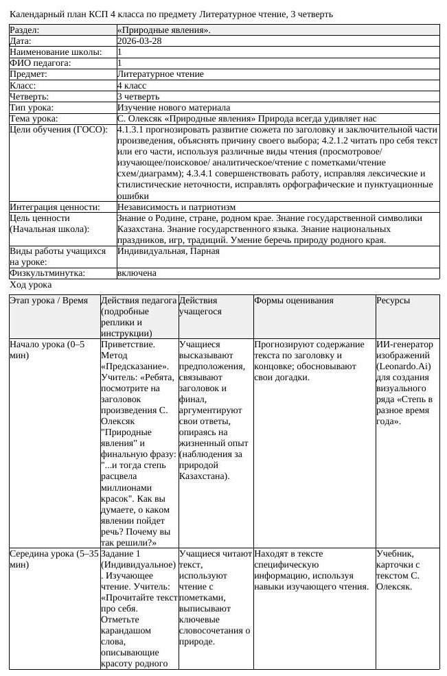 КСП Литературное чтение 4 класс 3 четверть С Олексяк Природные явления