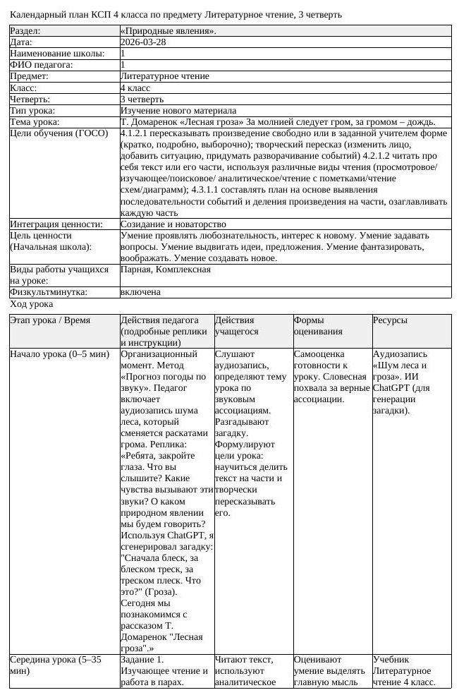 КСП Литературное чтение 4 класс 3 четверть Т Домаренок Лесная гроза