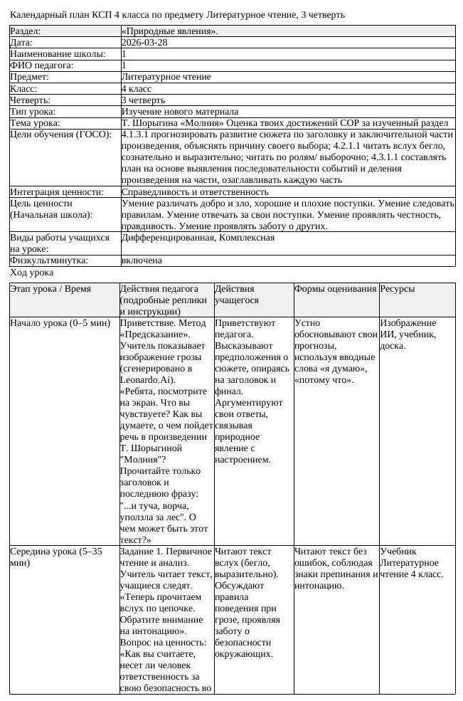 КСП Литературное чтение 4 класс 3 четверть Т Шорыгина Молния Оценка