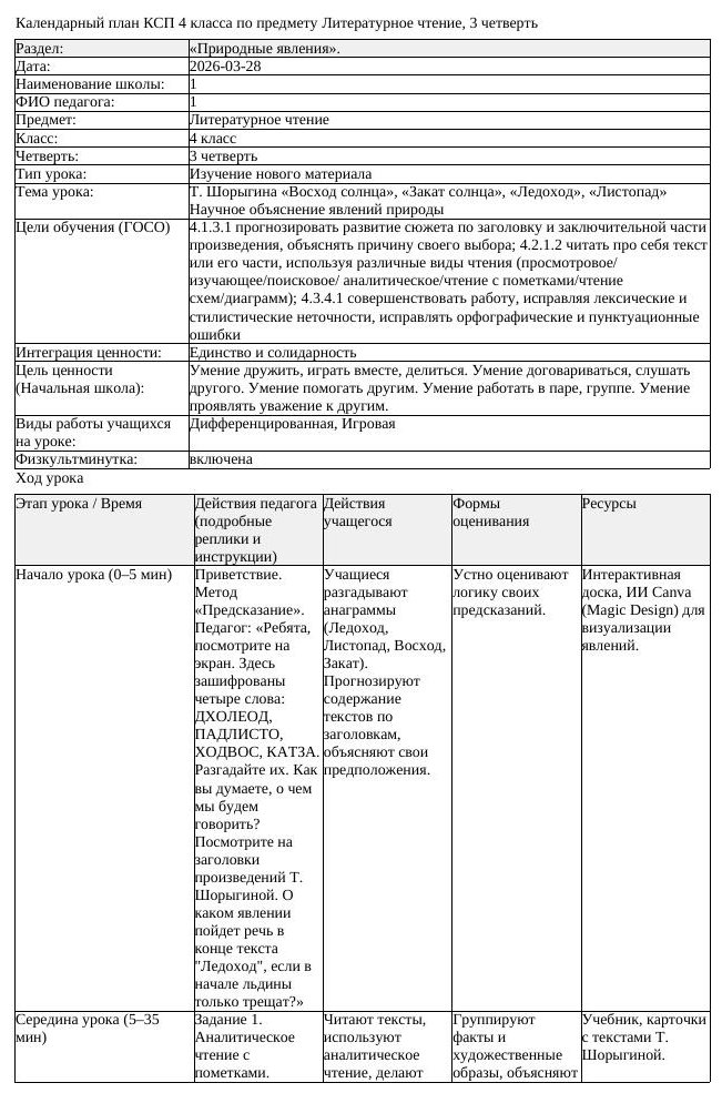 КСП Литературное чтение 4 класс 3 четверть Т Шорыгина Восход солнца