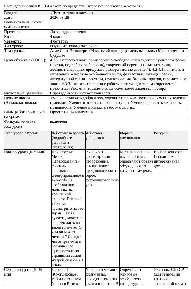 КСП Литературное чтение 4 класс 4 четверть А де Сент Экзюпери Маленький (урок 1)