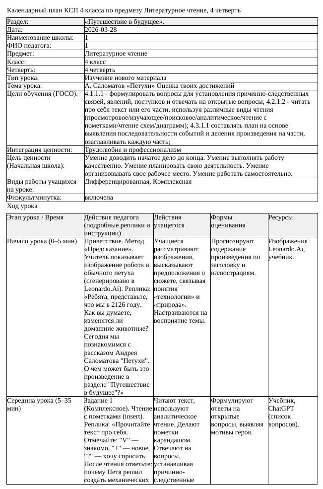 КСП Литературное чтение 4 класс 4 четверть А Саломатов Петухи Оценка