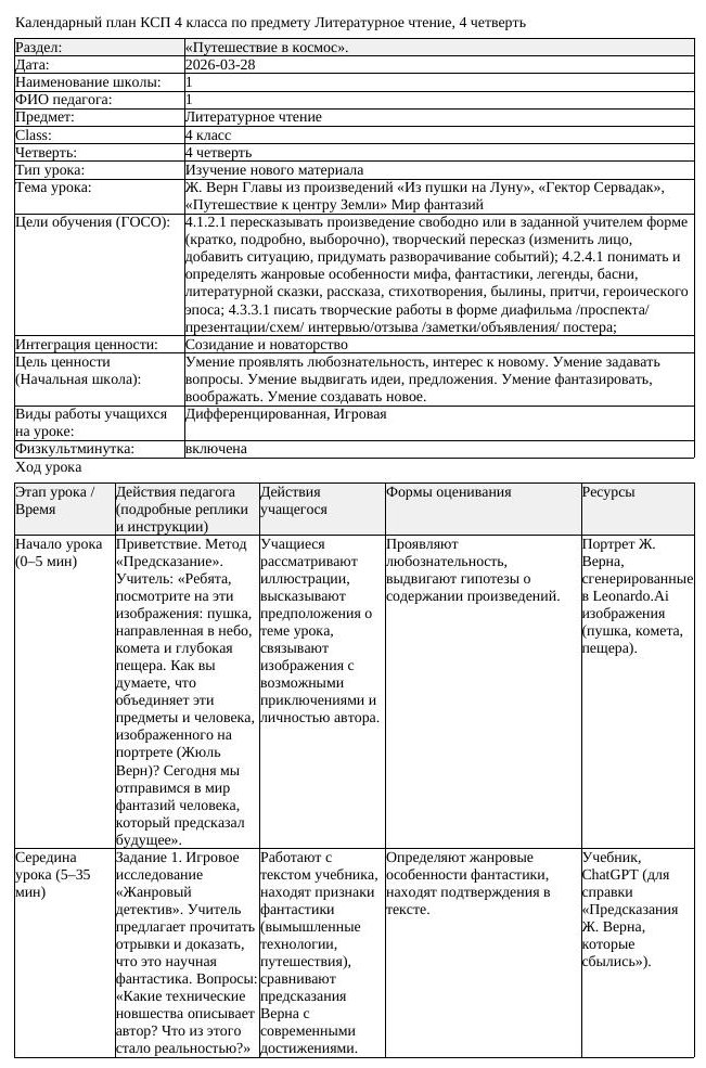 КСП Литературное чтение 4 класс 4 четверть Ж Верн Главы из произведений (урок 1)