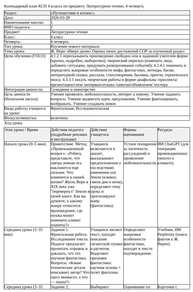 КСП Литературное чтение 4 класс 4 четверть Ж Верн Вверх дном Оценка