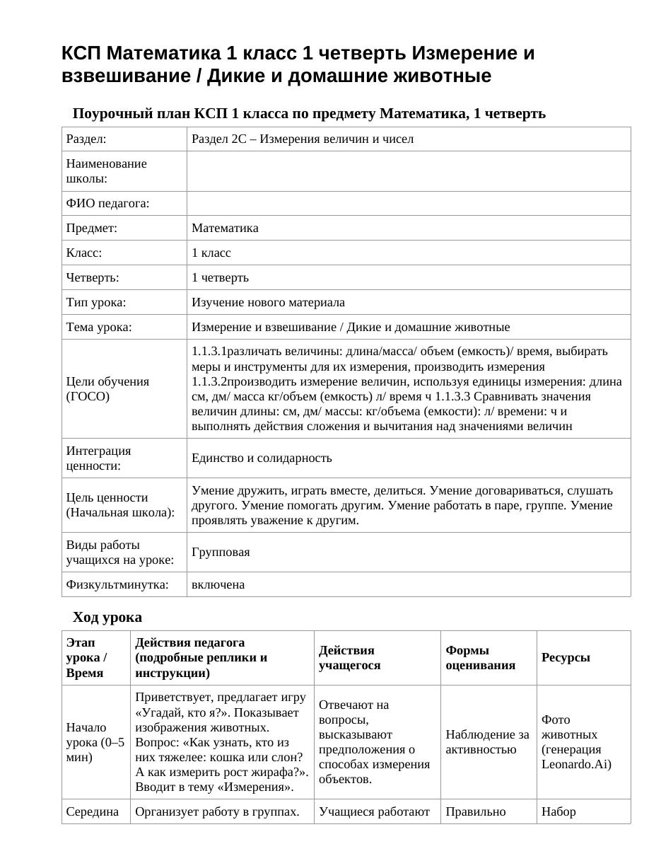 КСП Математика 1 класс 1 четверть Измерение и взвешивание / Дикие и домашние животные