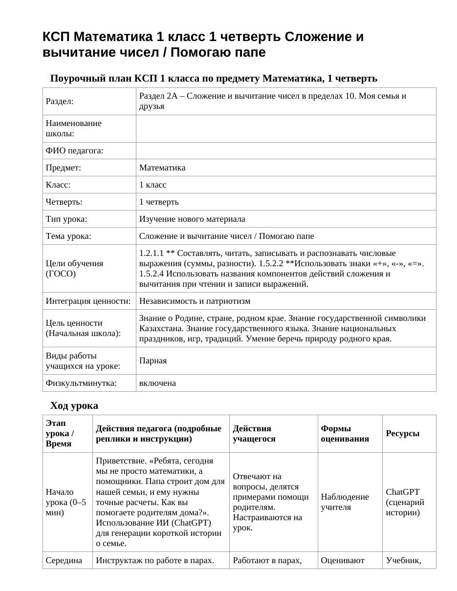КСП Математика 1 класс 1 четверть Сложение и вычитание чисел / Помогаю папе