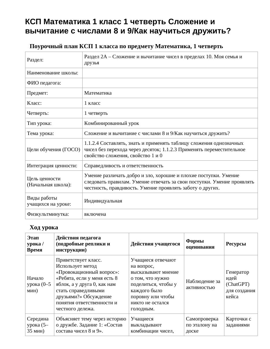 КСП Математика 1 класс 1 четверть Сложение и вычитание с числами 8 и 9/Как научиться дружить?