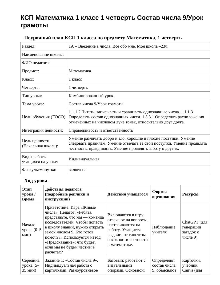КСП Математика 1 класс 1 четверть Состав числа 9/Урок грамоты