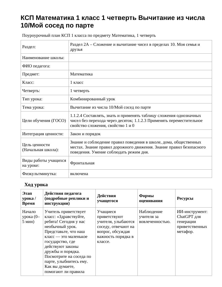 КСП Математика 1 класс 1 четверть Вычитание из числа 10/Мой сосед по парте
