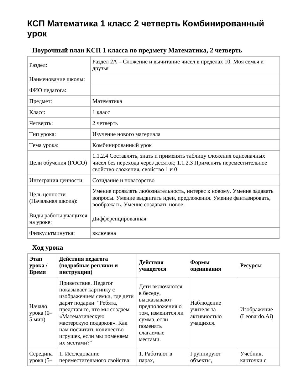 КСП Математика 1 класс 2 четверть Комбинированный урок