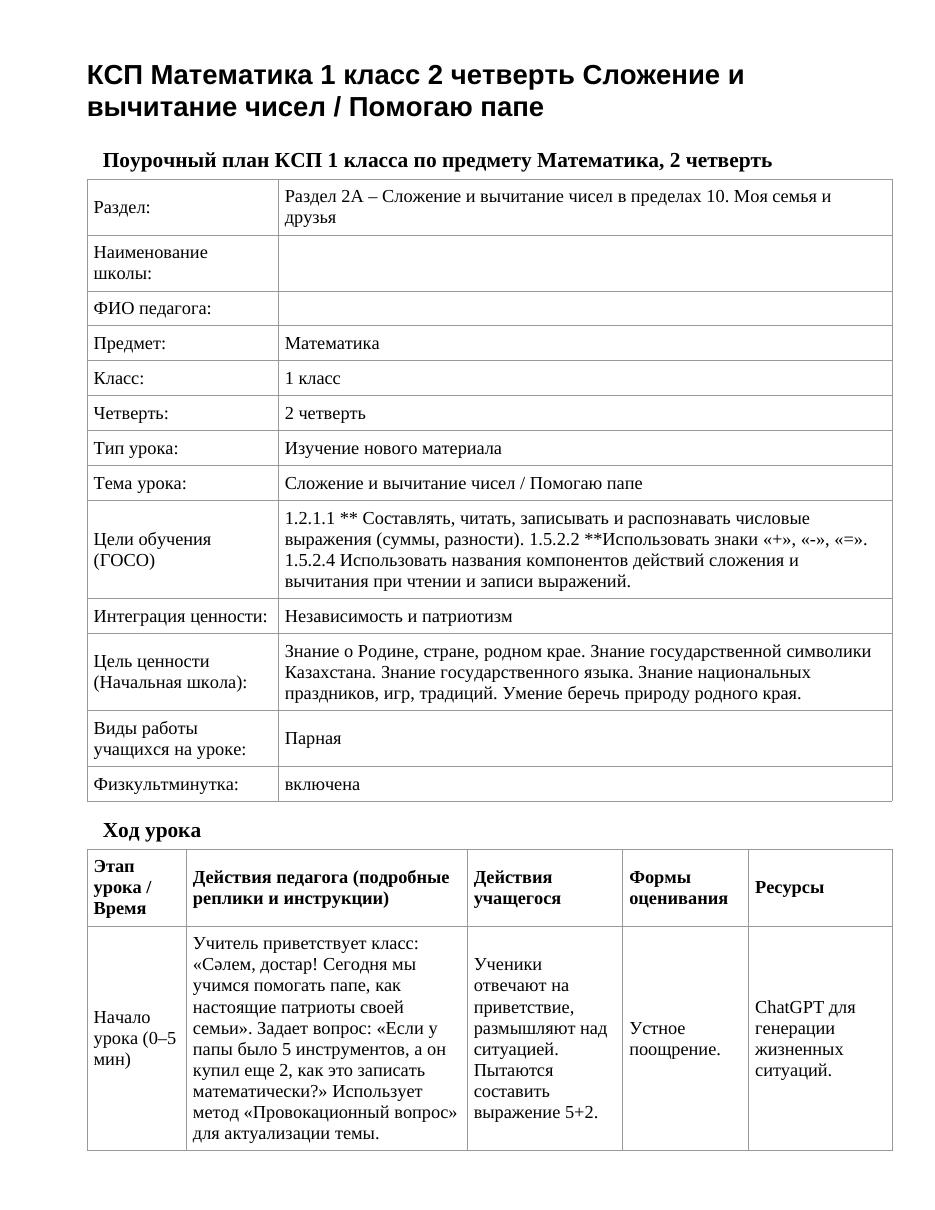 КСП Математика 1 класс 2 четверть Сложение и вычитание чисел / Помогаю папе