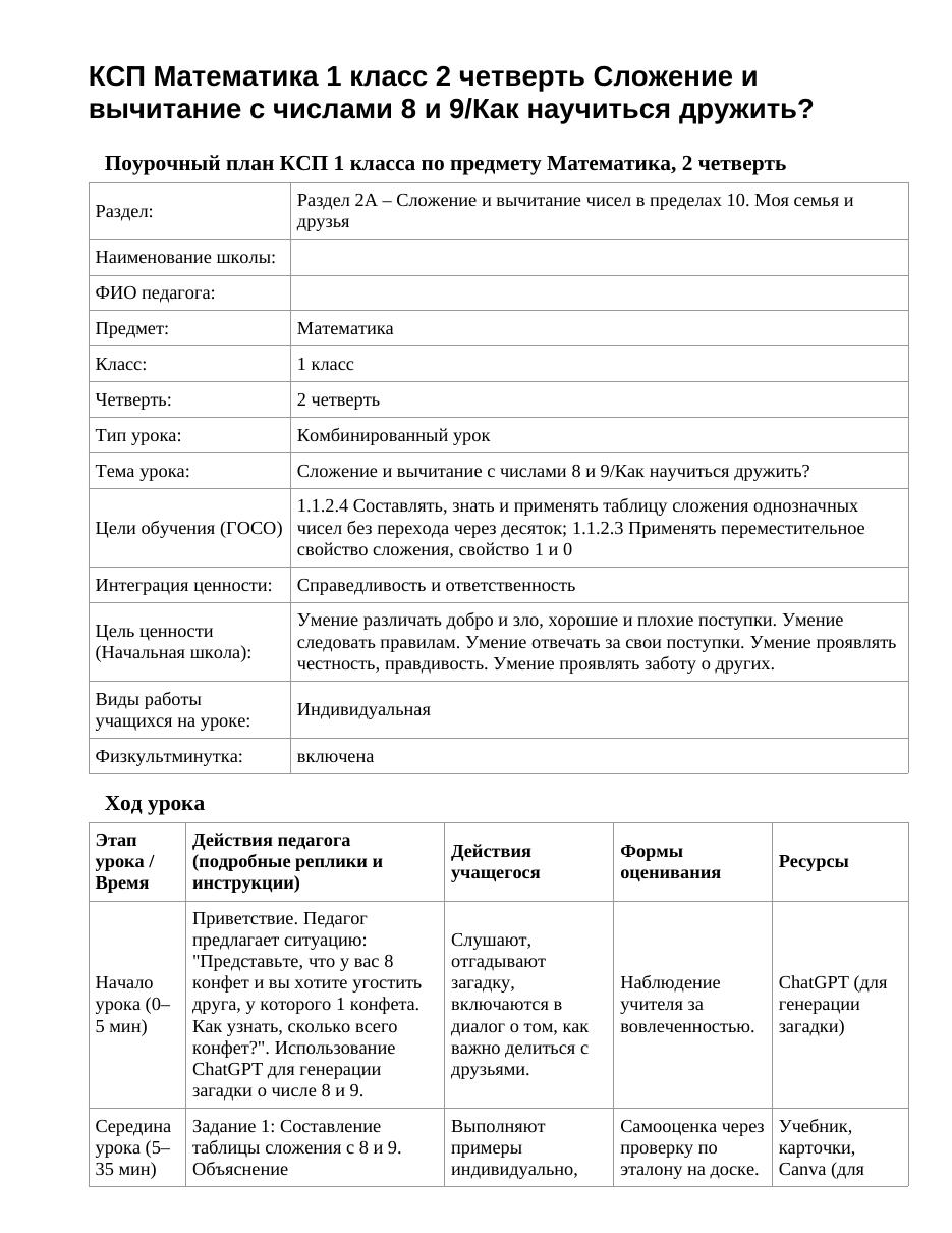 КСП Математика 1 класс 2 четверть Сложение и вычитание с числами 8 и 9/Как научиться дружить?
