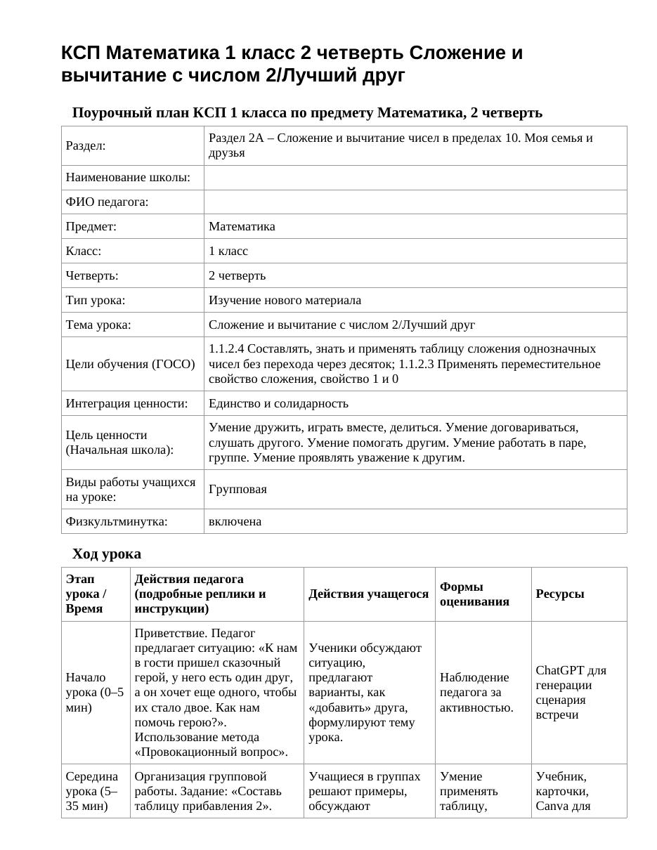 КСП Математика 1 класс 2 четверть Сложение и вычитание с числом 2/Лучший друг
