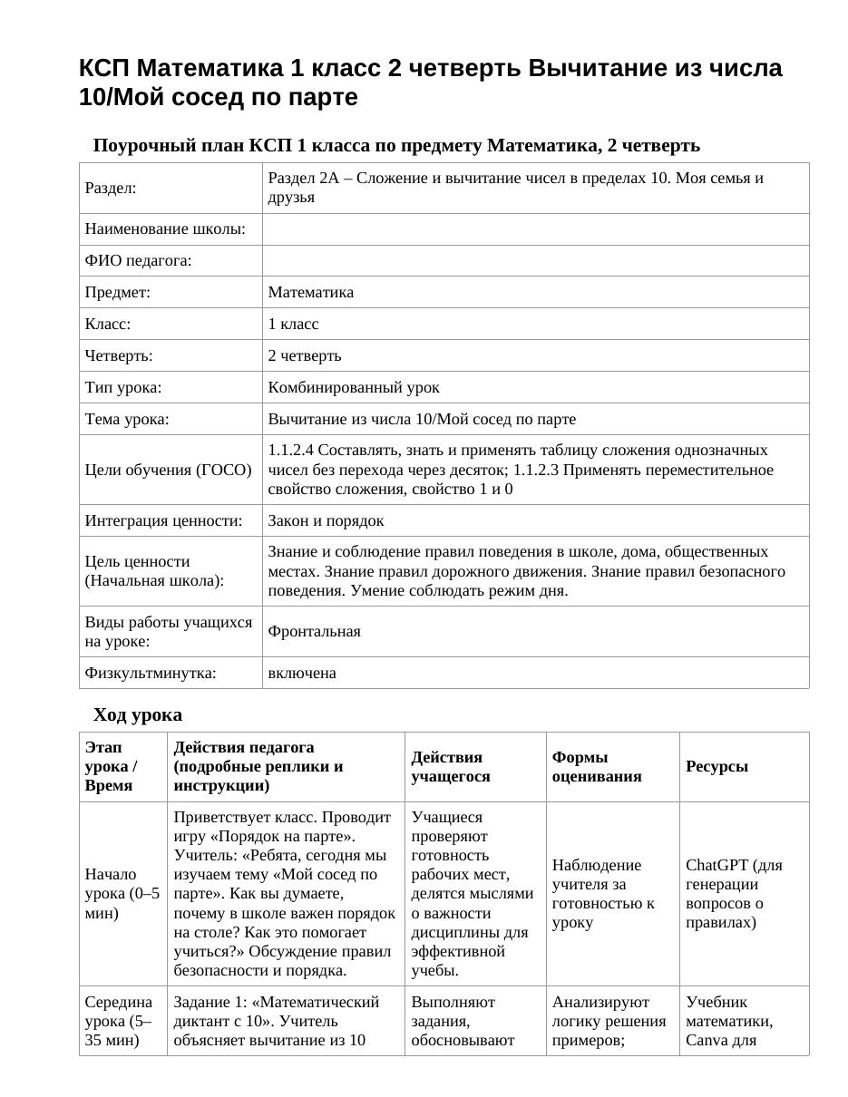 КСП Математика 1 класс 2 четверть Вычитание из числа 10/Мой сосед по парте