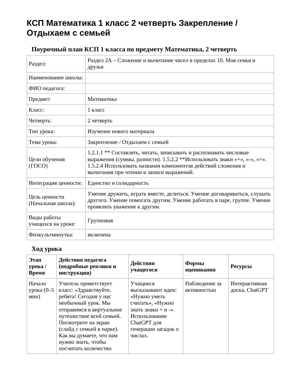 КСП Математика 1 класс 2 четверть Закрепление / Отдыхаем с семьей