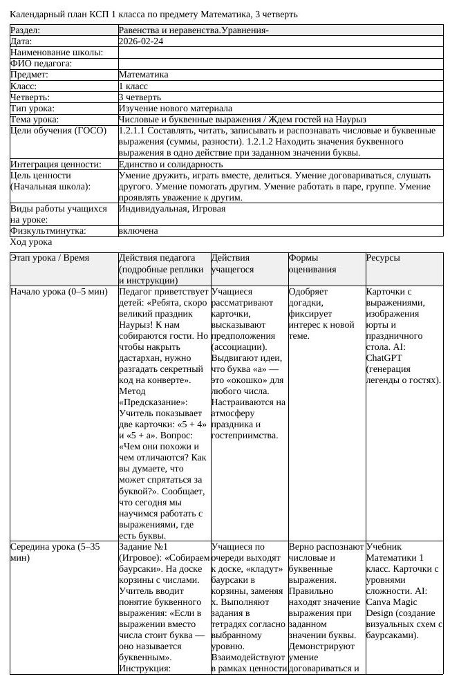 КСП Математика 1 класс 3 четверть Числовые и буквенные выражения