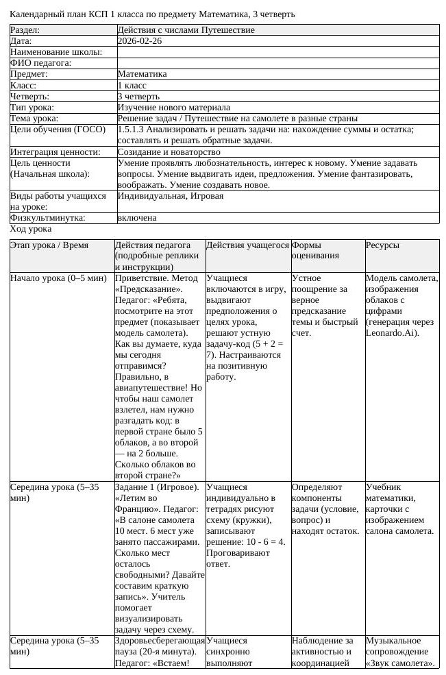 КСП Математика 1 класс 3 четверть Решение задач Путешествие на самолете